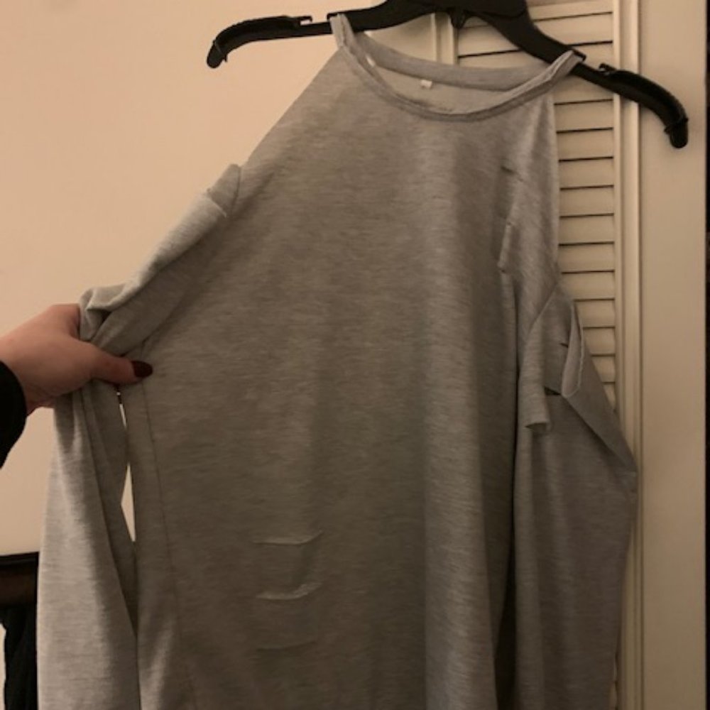 Boho Beach Hut- Size Large- Light Grey Cold Shoulder Sweatshirt